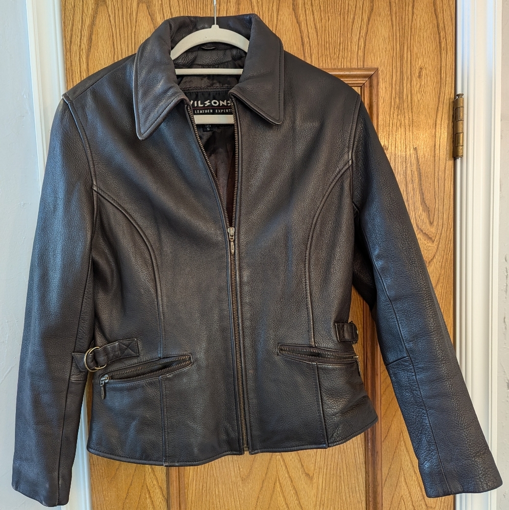 Wilsons Leather Jacket - Brown With Zipper And Side Buckles - Women's Small